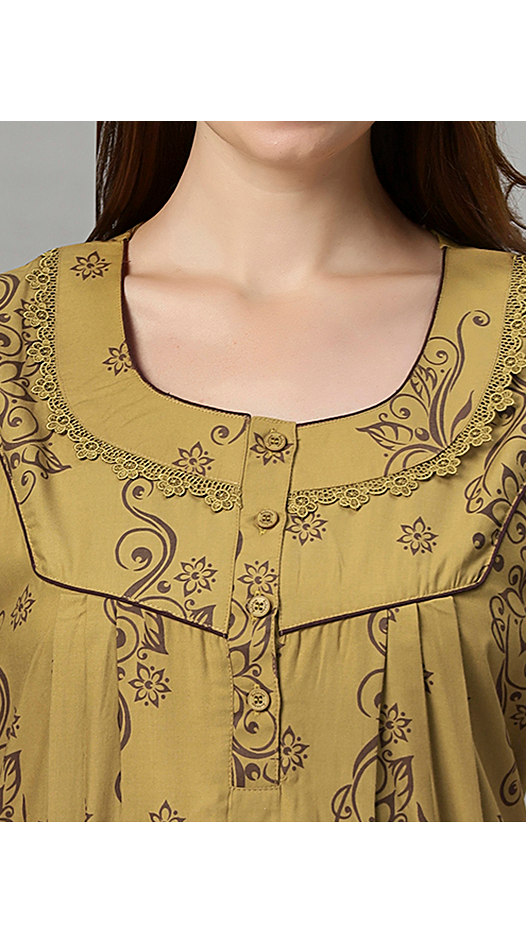 Sukanya Women's Floral Print Lounge Wear Gown - Polly Cotton, Regular Fit, Half Sleeves, Round Neck, Green, Yellow & Rust