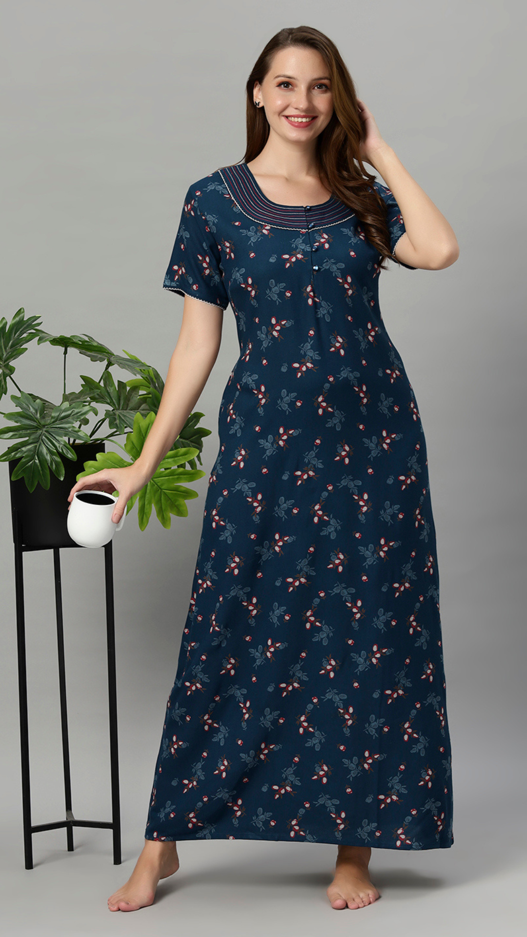 Sukanya Women's Leaf Print Lounge Wear Gown -VISCOSE POLYSTER, Regular Fit, Half Sleeves, Round Neck