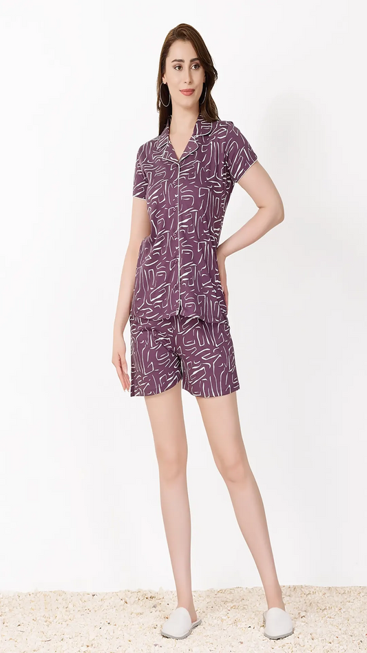 Mauve Printed Half Sleeves Round Neck