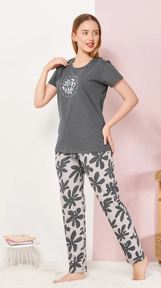 Gray Printed Half Sleeves Round Neck