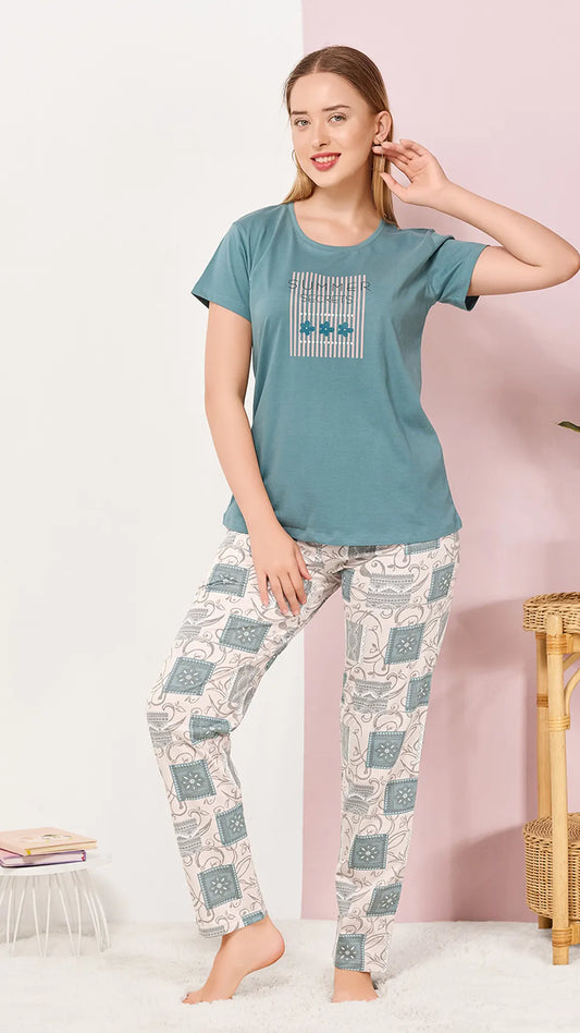 Petrol Printed Half Sleeves Round Neck