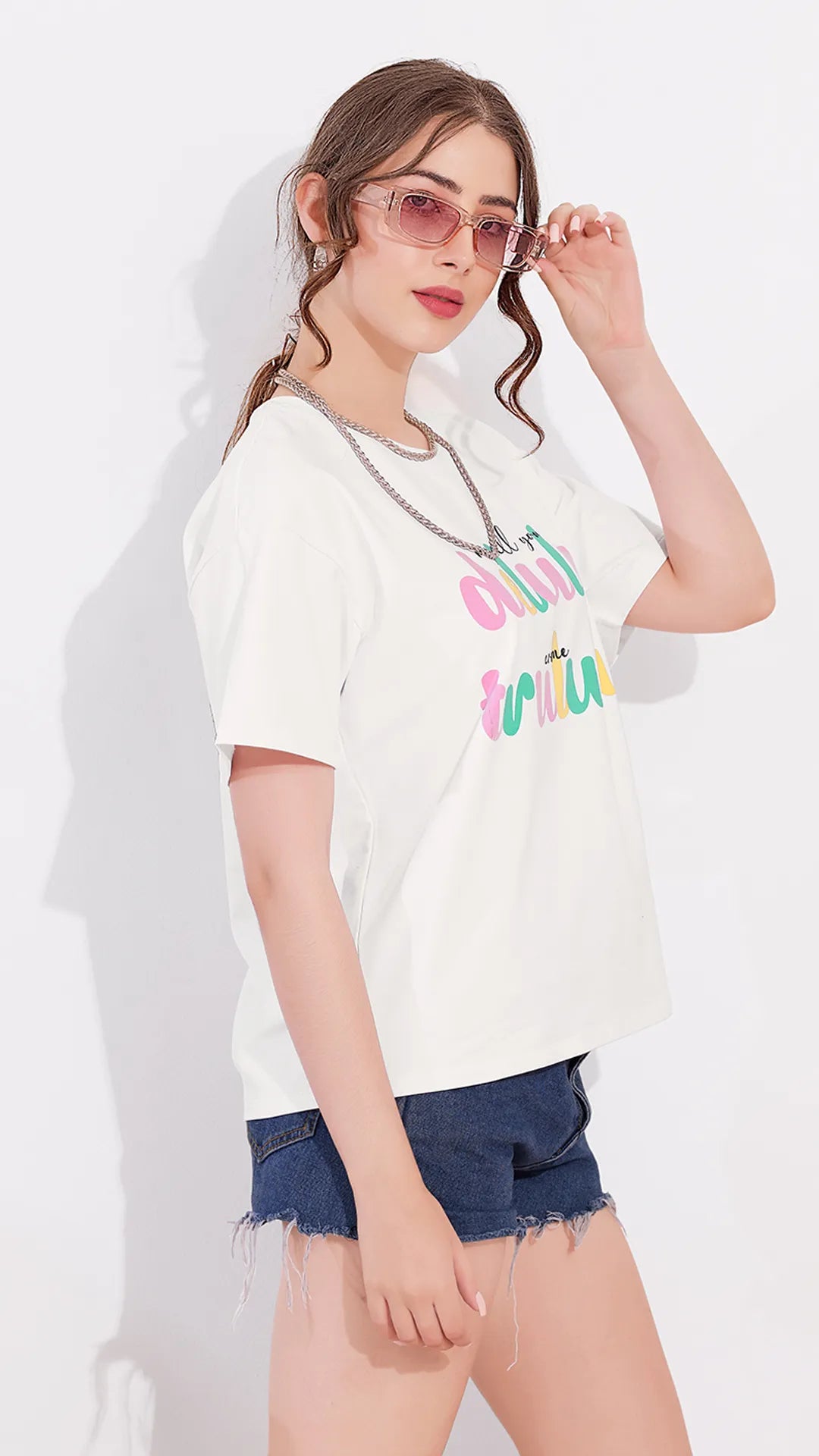 White Printed Half Sleeves Round Neck