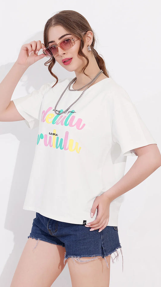 White Printed Half Sleeves Round Neck