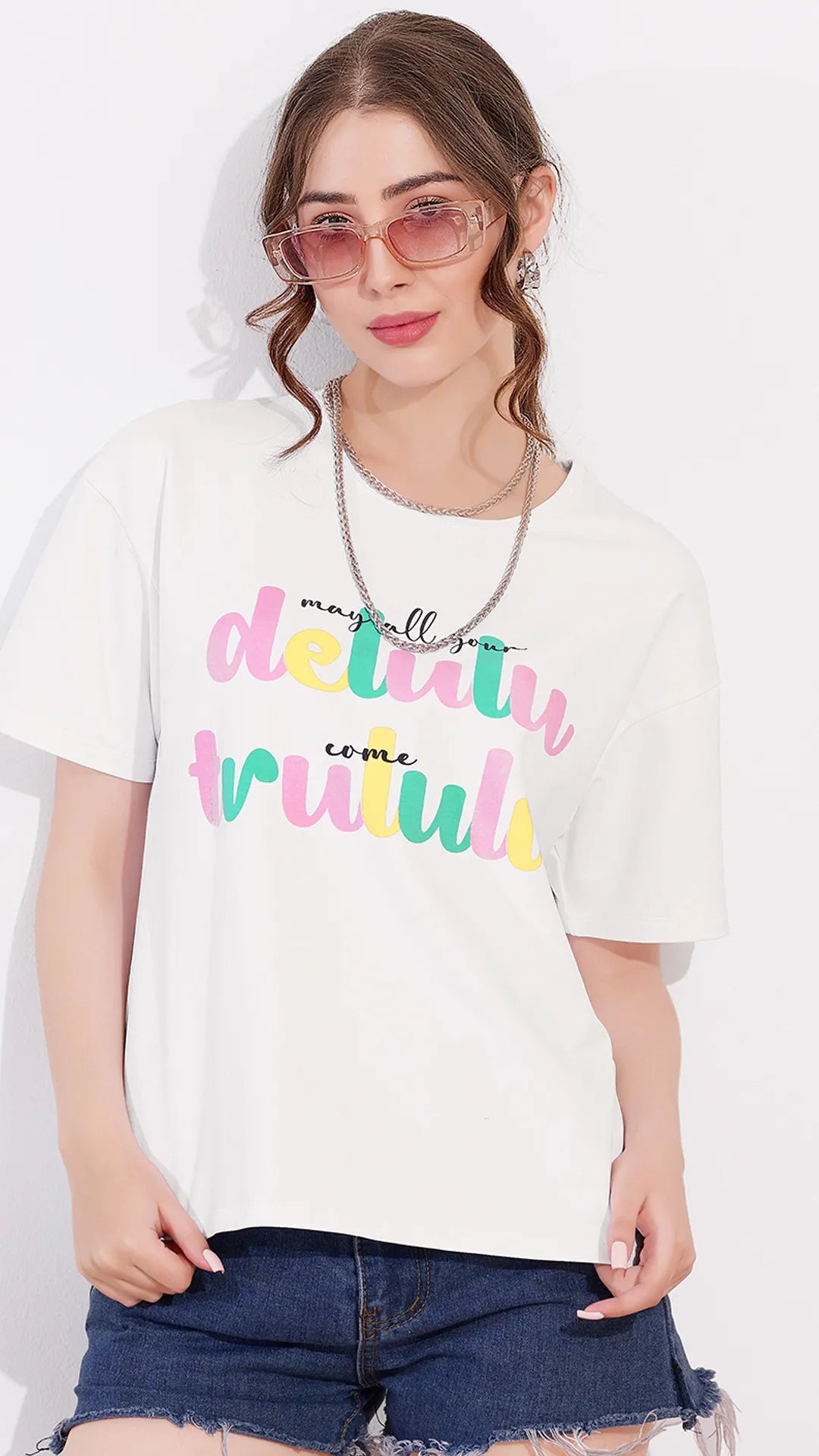 White Printed Half Sleeves Round Neck