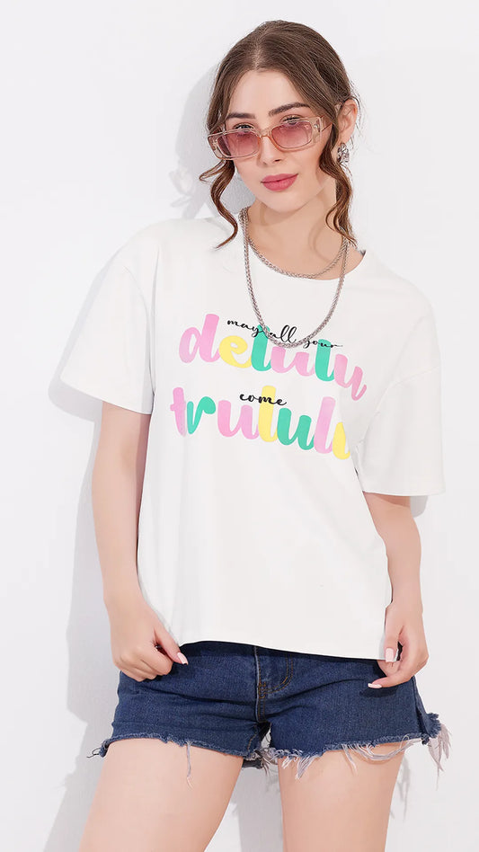 White Printed Half Sleeves Round Neck