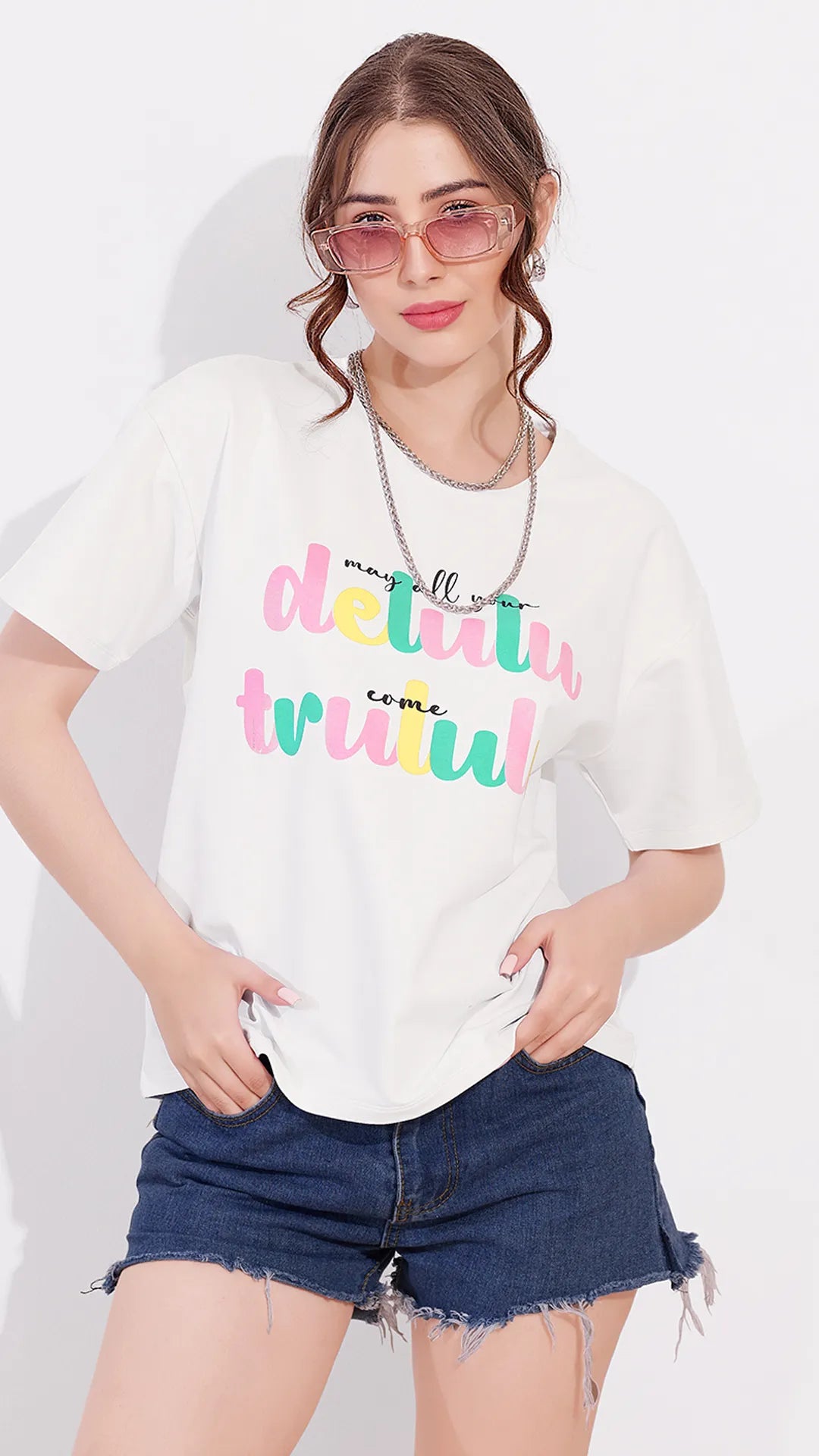 White Printed Half Sleeves Round Neck