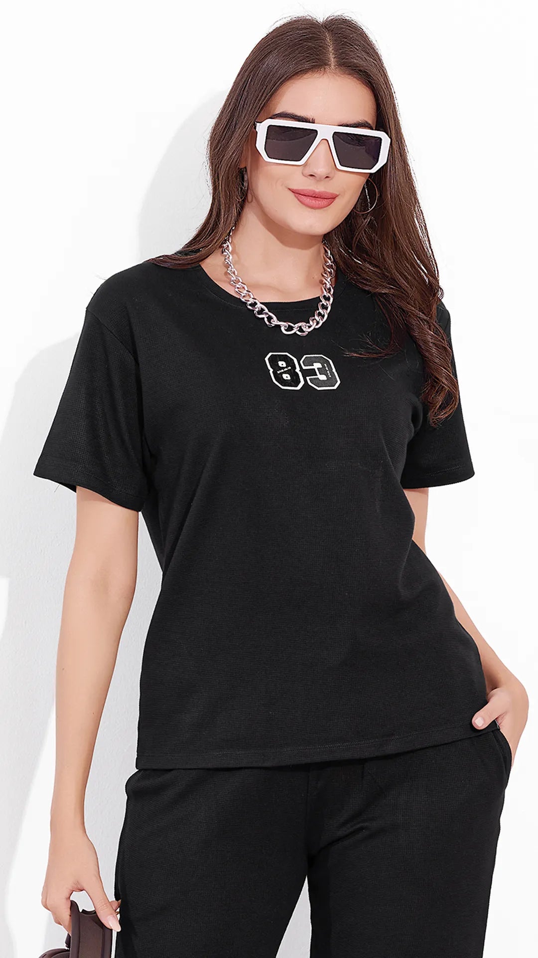 Black Printed Half Sleeves Round Neck