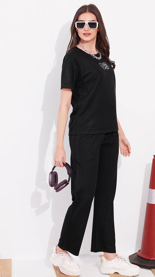 Black Printed Half Sleeves Round Neck