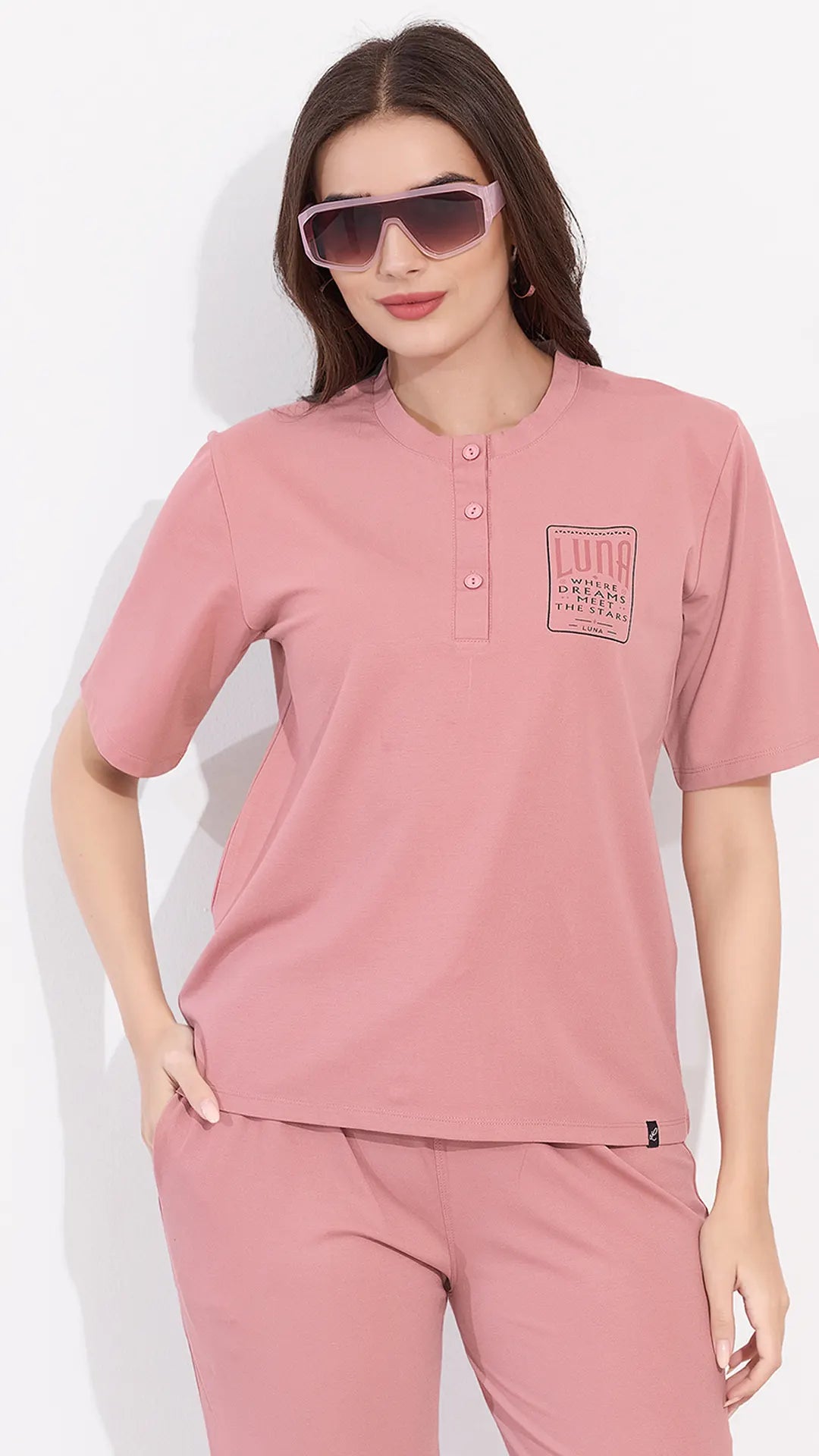 Peach Printed Half Sleeves Round Neck
