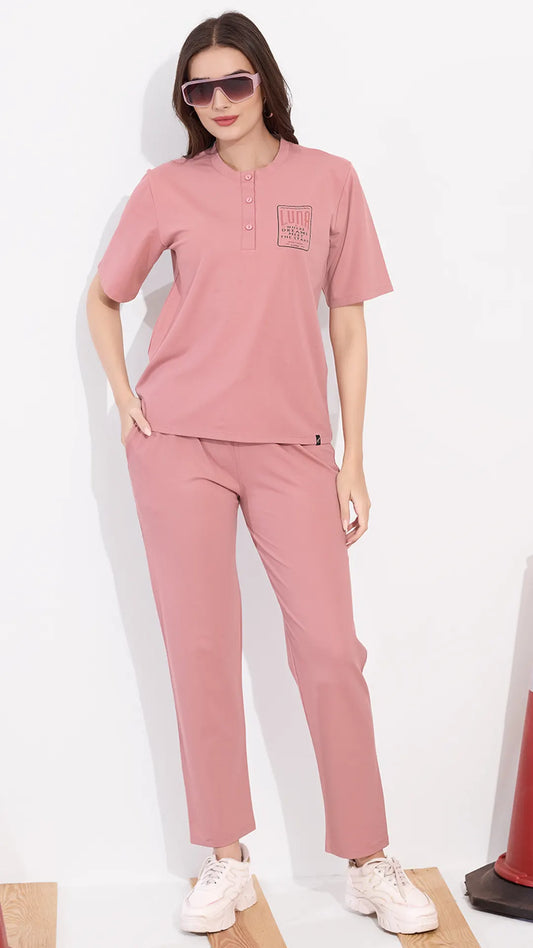 Peach Printed Half Sleeves Round Neck