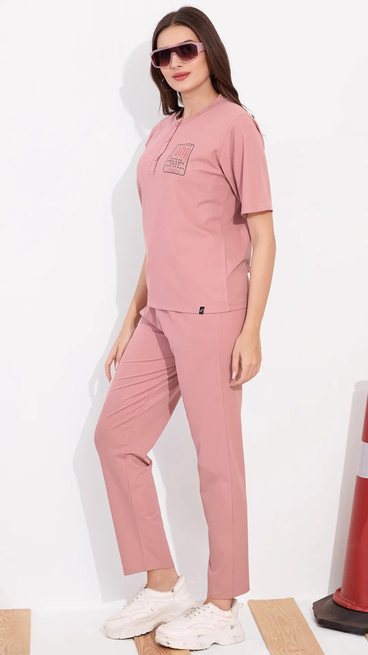 Peach Printed Half Sleeves Round Neck