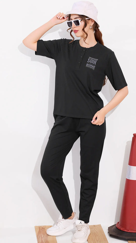 Black Printed Half Sleeves Round Neck