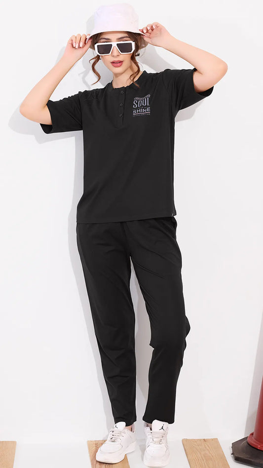 Black Printed Half Sleeves Round Neck