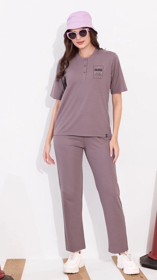 Mauve Printed Half Sleeves Round Neck