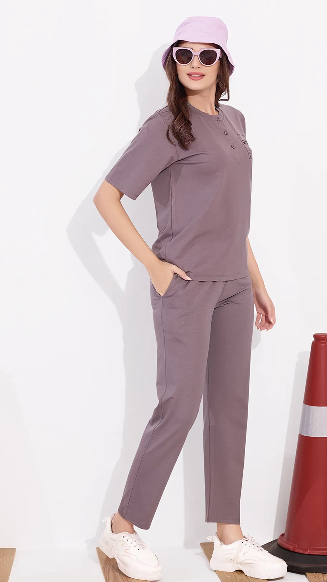 Mauve Printed Half Sleeves Round Neck