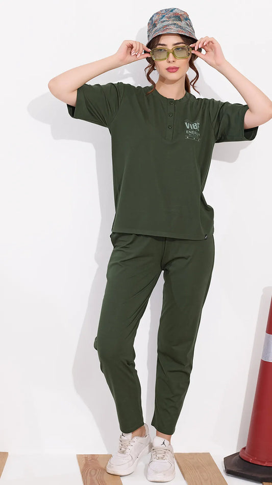 Olive Printed Half Sleeves Round Neck