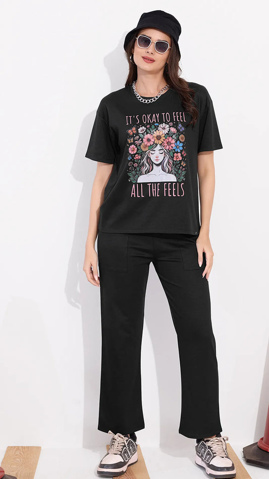 Black Printed Half Sleeves Round Neck