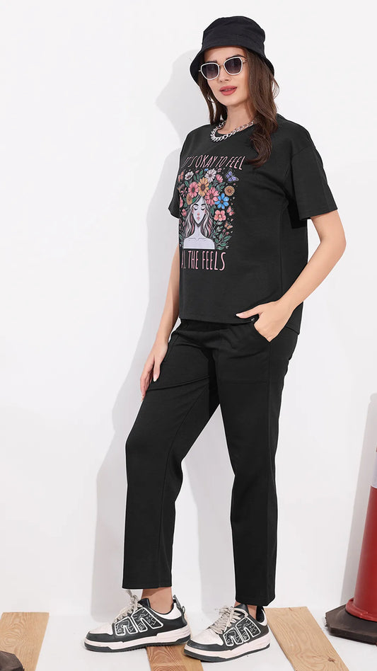 Black Printed Half Sleeves Round Neck