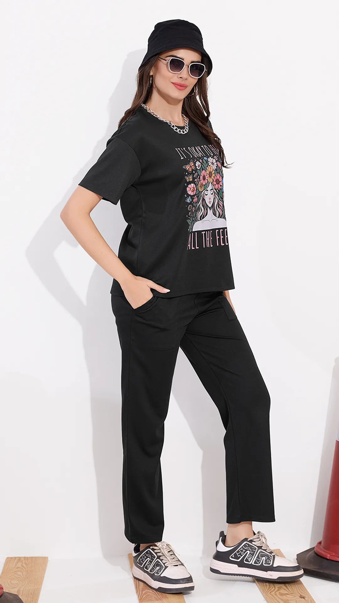 Black Printed Half Sleeves Round Neck