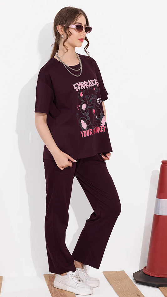 Wine Printed Half Sleeves Round Neck