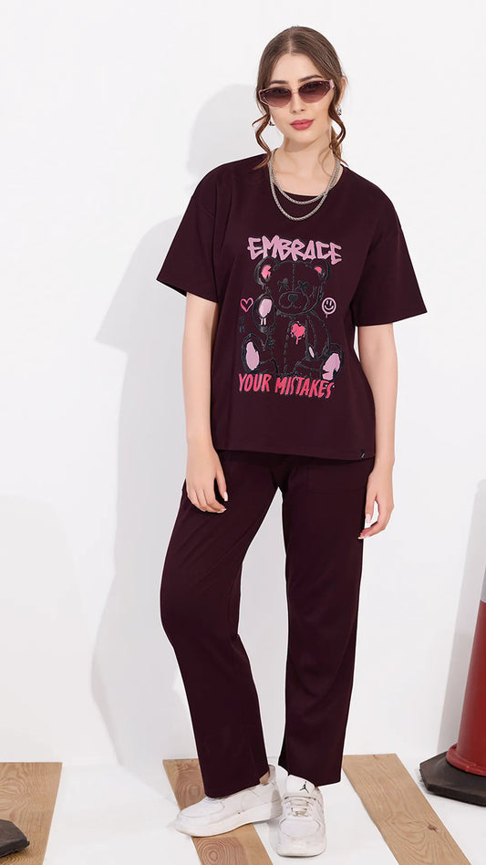 Wine Printed Half Sleeves Round Neck