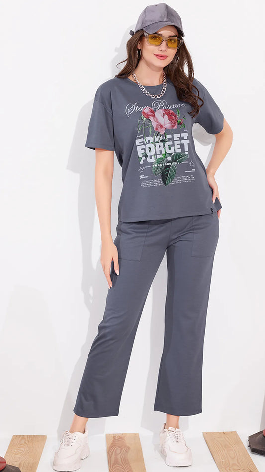 Gray Printed Half Sleeves Round Neck