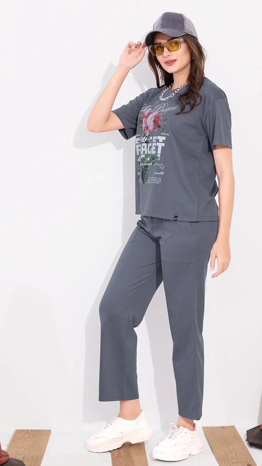 Gray Printed Half Sleeves Round Neck