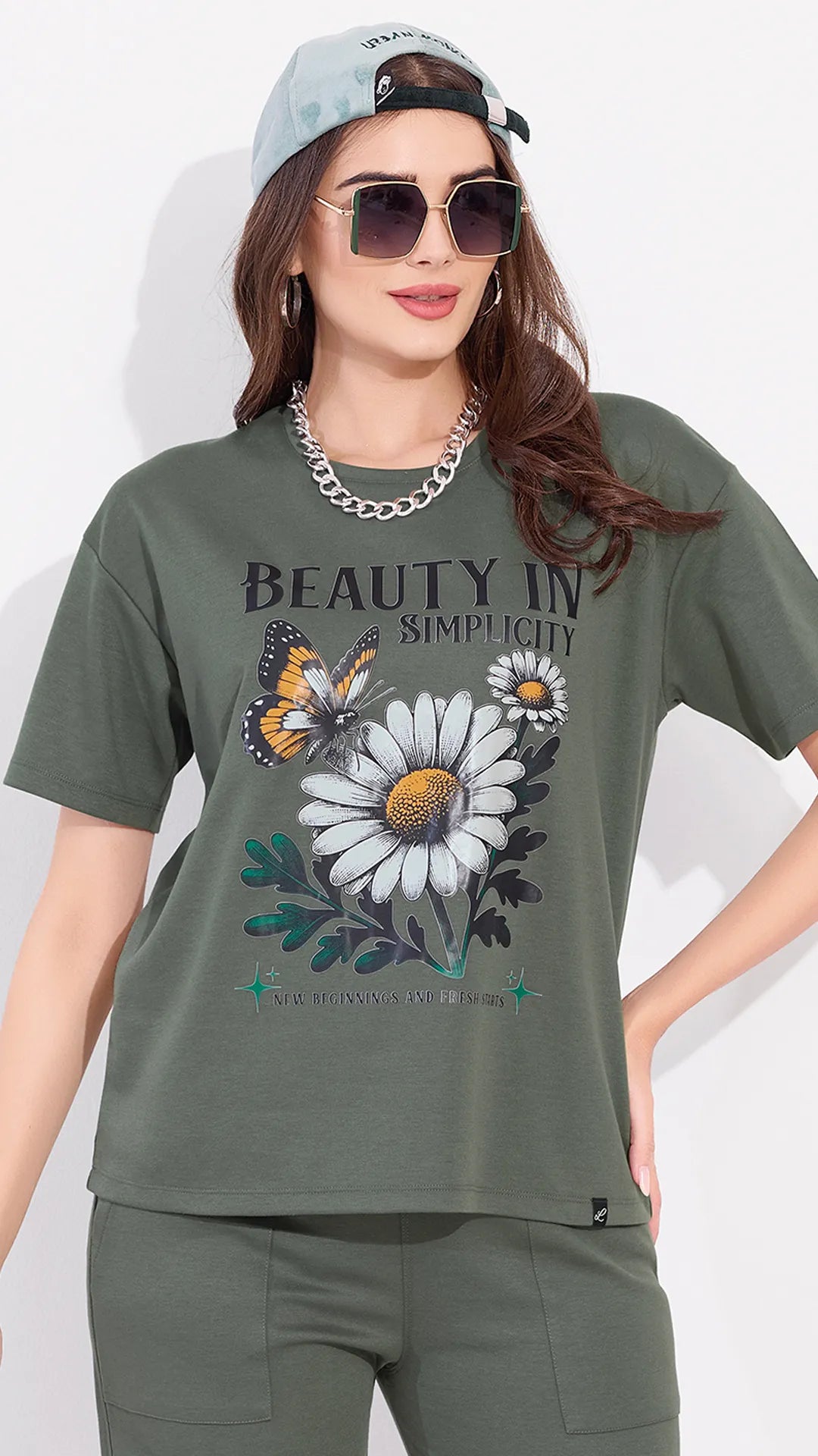 Olive Printed Half Sleeves Round Neck