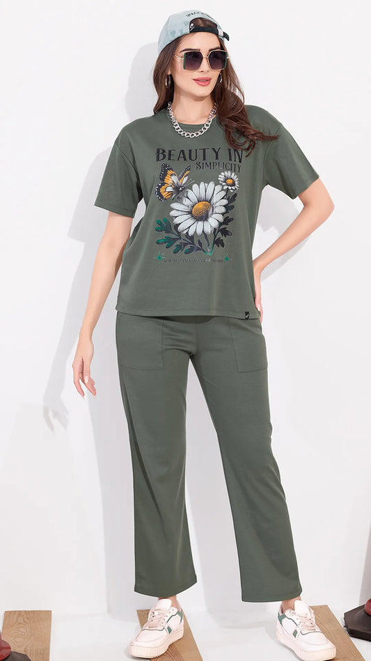Olive Printed Half Sleeves Round Neck