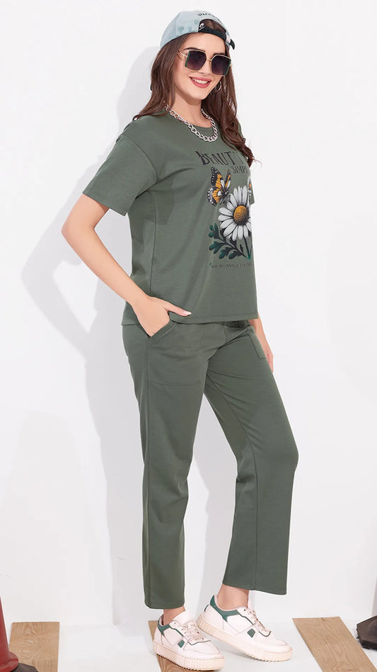 Olive Printed Half Sleeves Round Neck