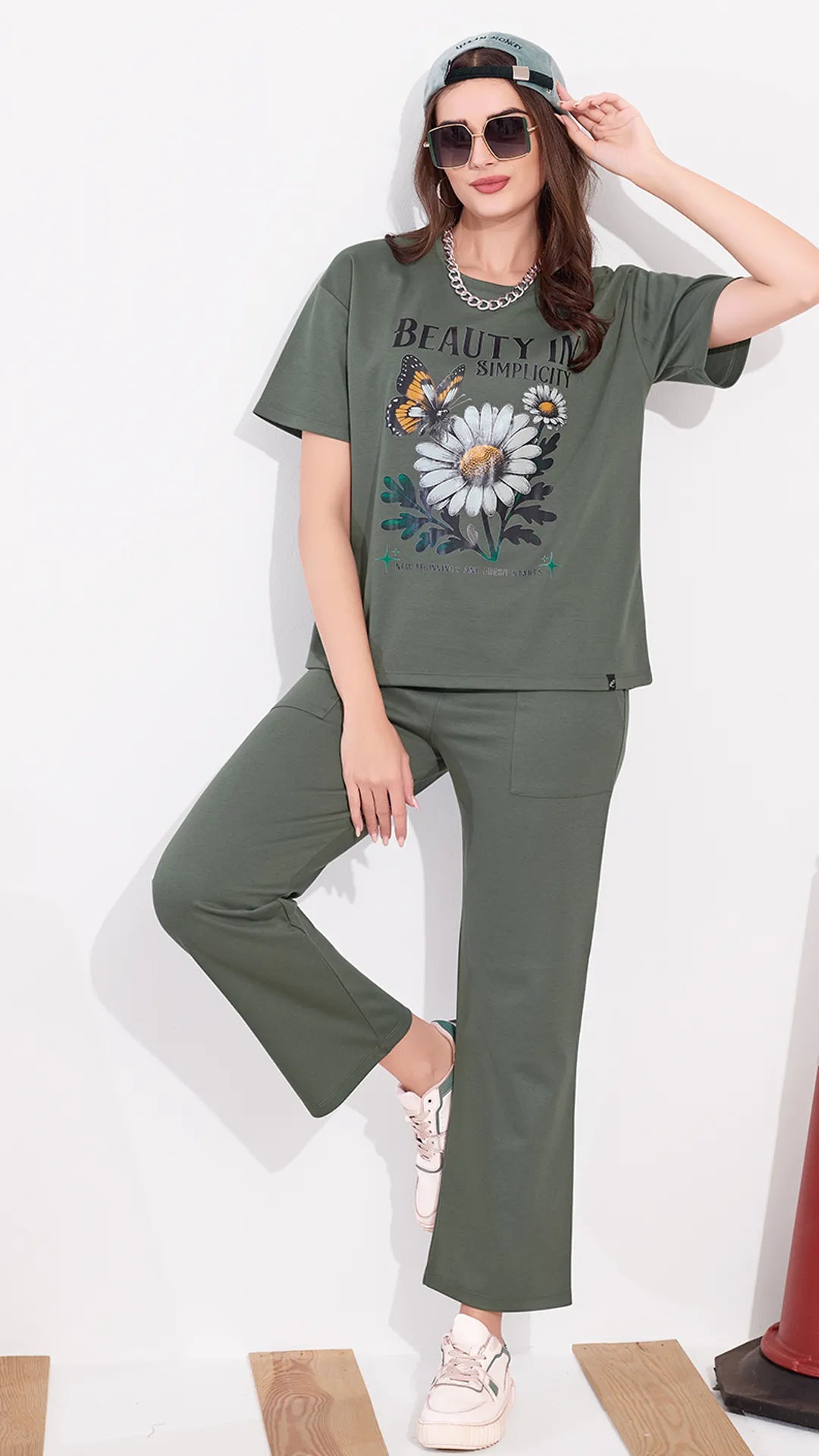 Olive Printed Half Sleeves Round Neck