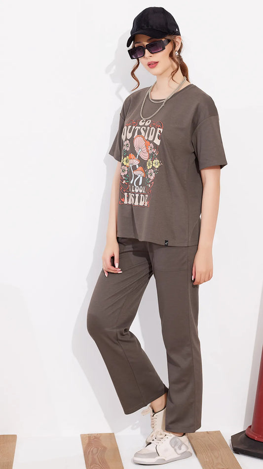 Brown Printed Half Sleeves Round Neck