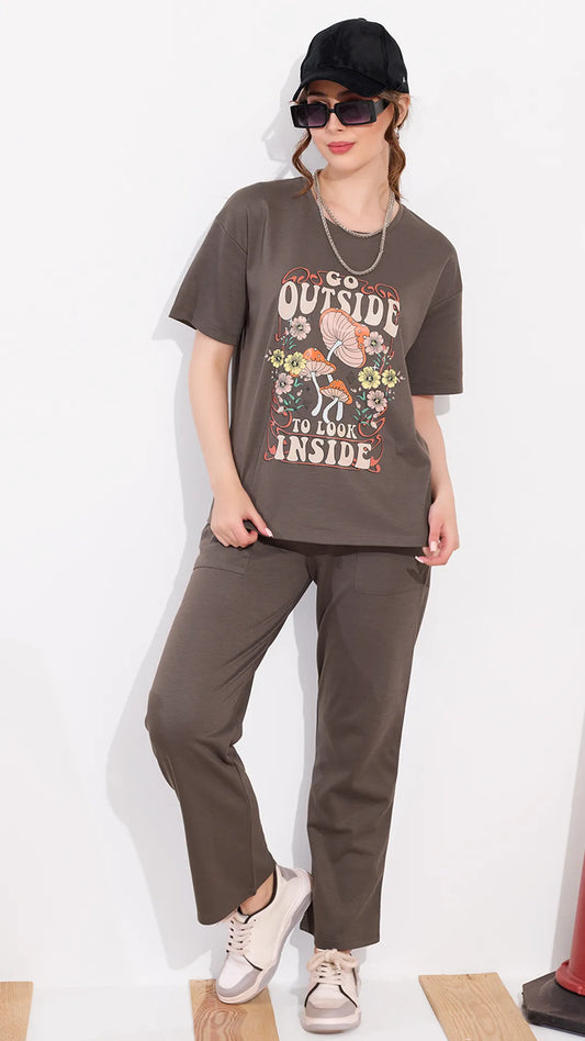 Brown Printed Half Sleeves Round Neck