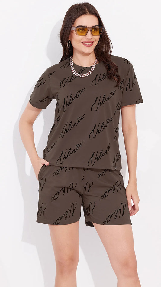Brown Printed Half Sleeves Round Neck