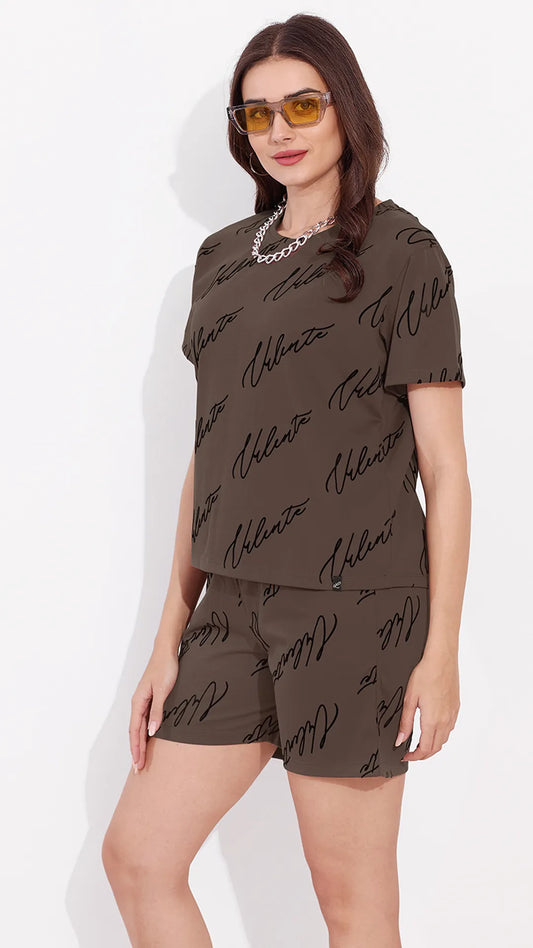 Brown Printed Half Sleeves Round Neck