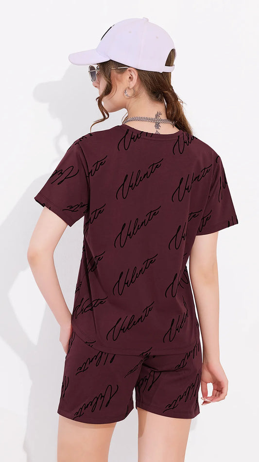 Maroon Printed Half Sleeves Round Neck