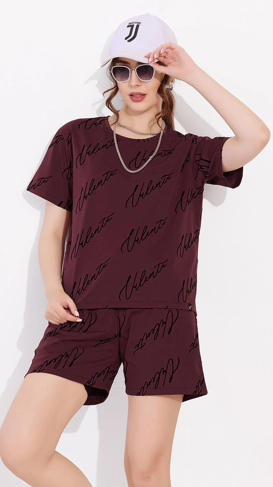 Maroon Printed Half Sleeves Round Neck