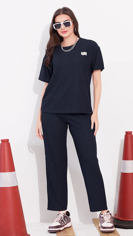 Navy Printed Half Sleeves Round Neck