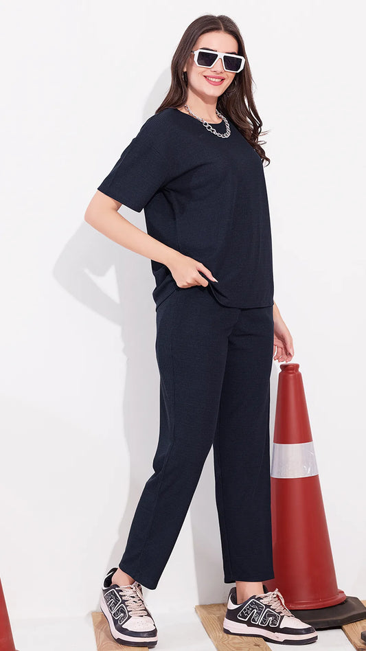 Navy Printed Half Sleeves Round Neck