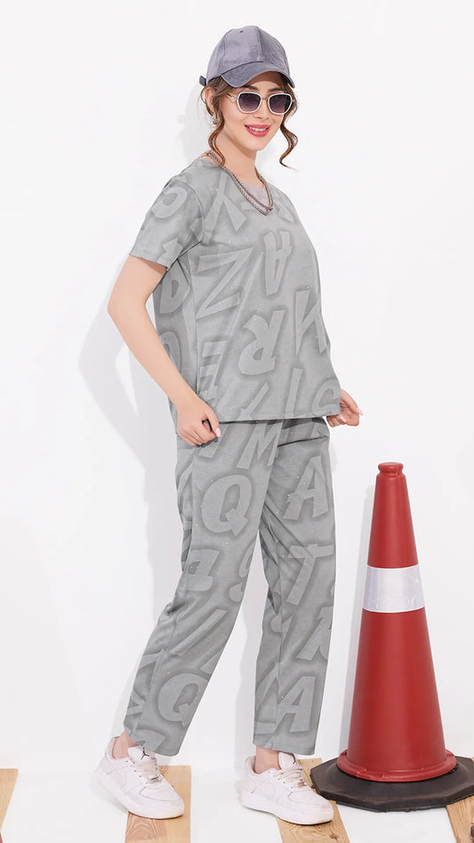 Grey Printed Half Sleeves Round Neck