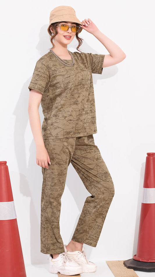 Khakhi Printed Half Sleeves Round Neck