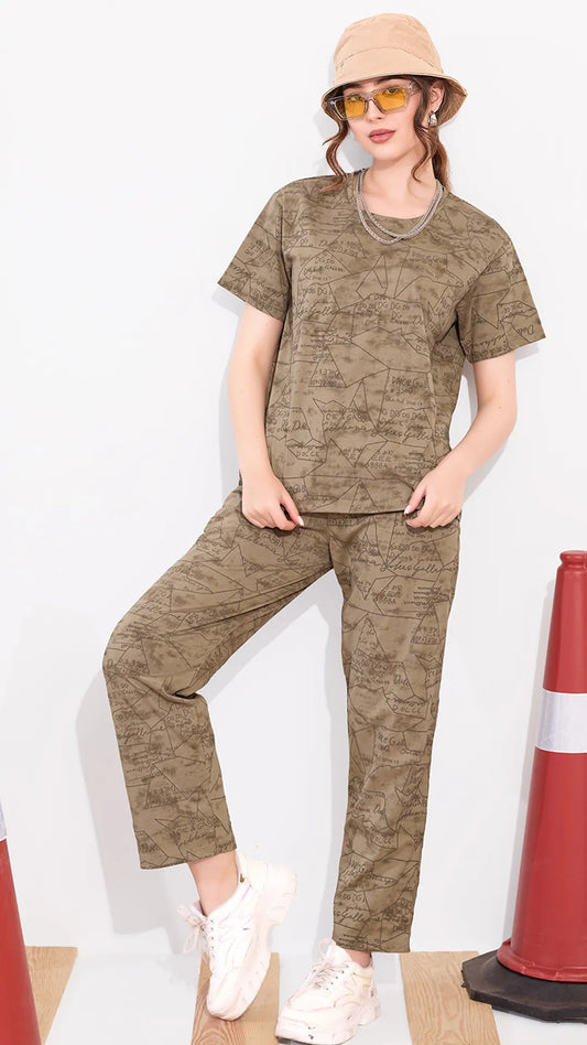 Khakhi Printed Half Sleeves Round Neck