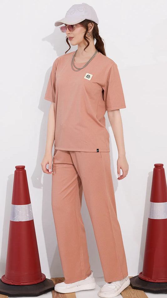 Peach Printed Half Sleeves Round Neck