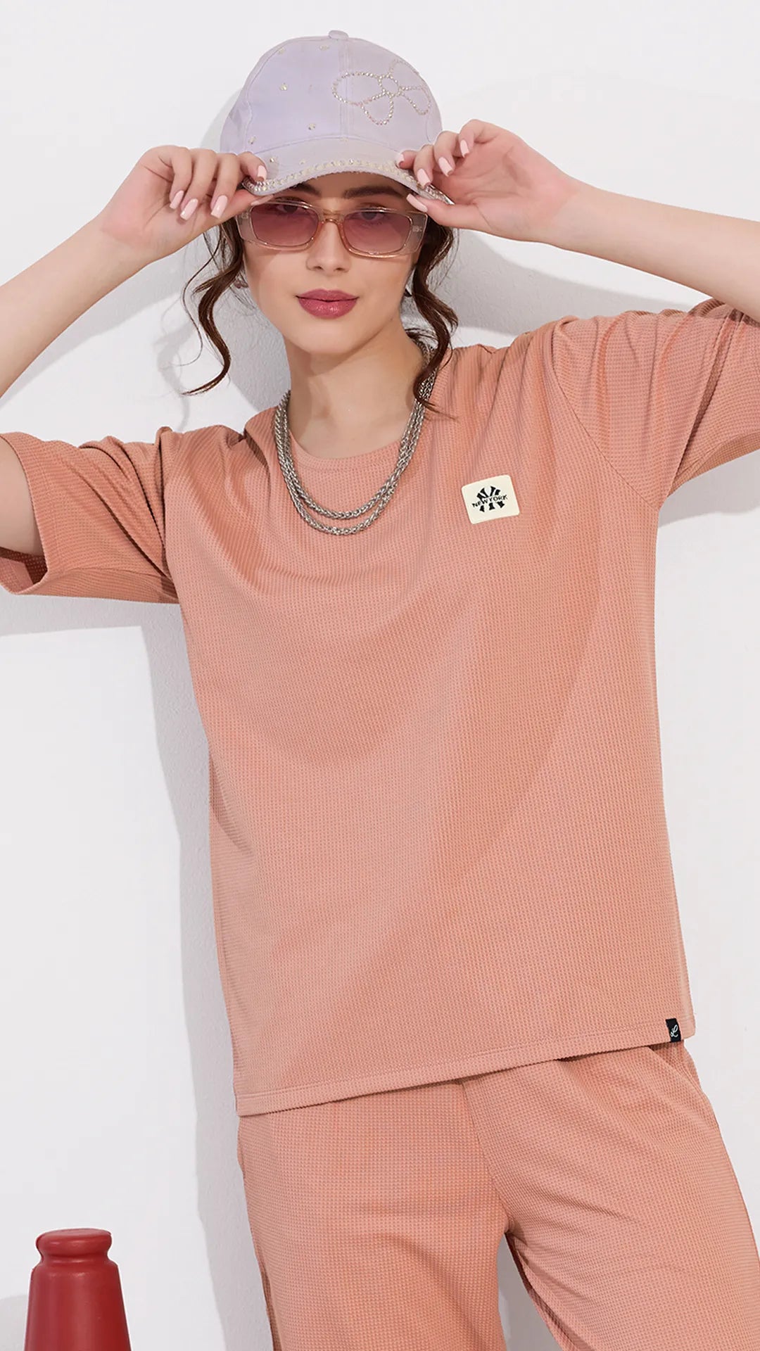 Peach Printed Half Sleeves Round Neck