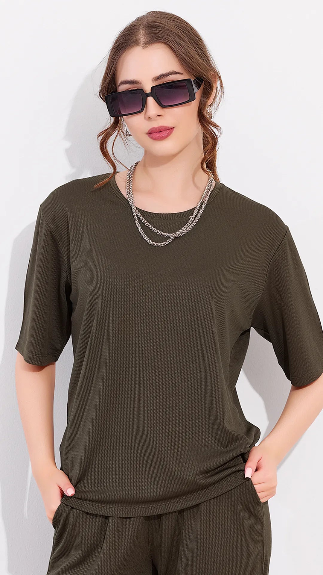 Light Olive Printed Half Sleeves Round Neck