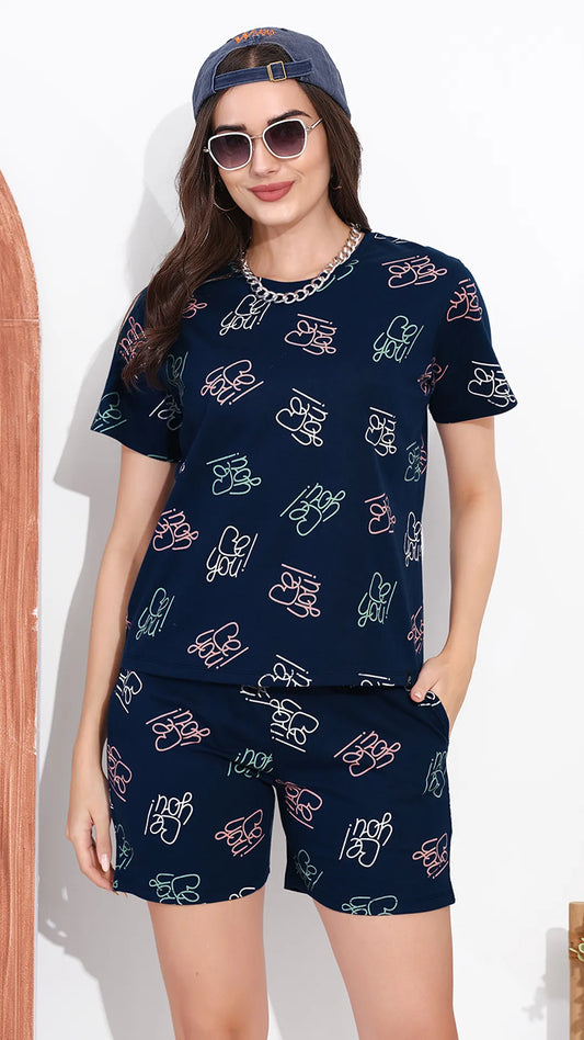 Ink Blue Printed Half Sleeves Round Neck