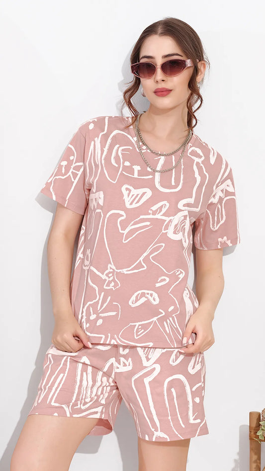 Peach Printed Half Sleeves Round Neck