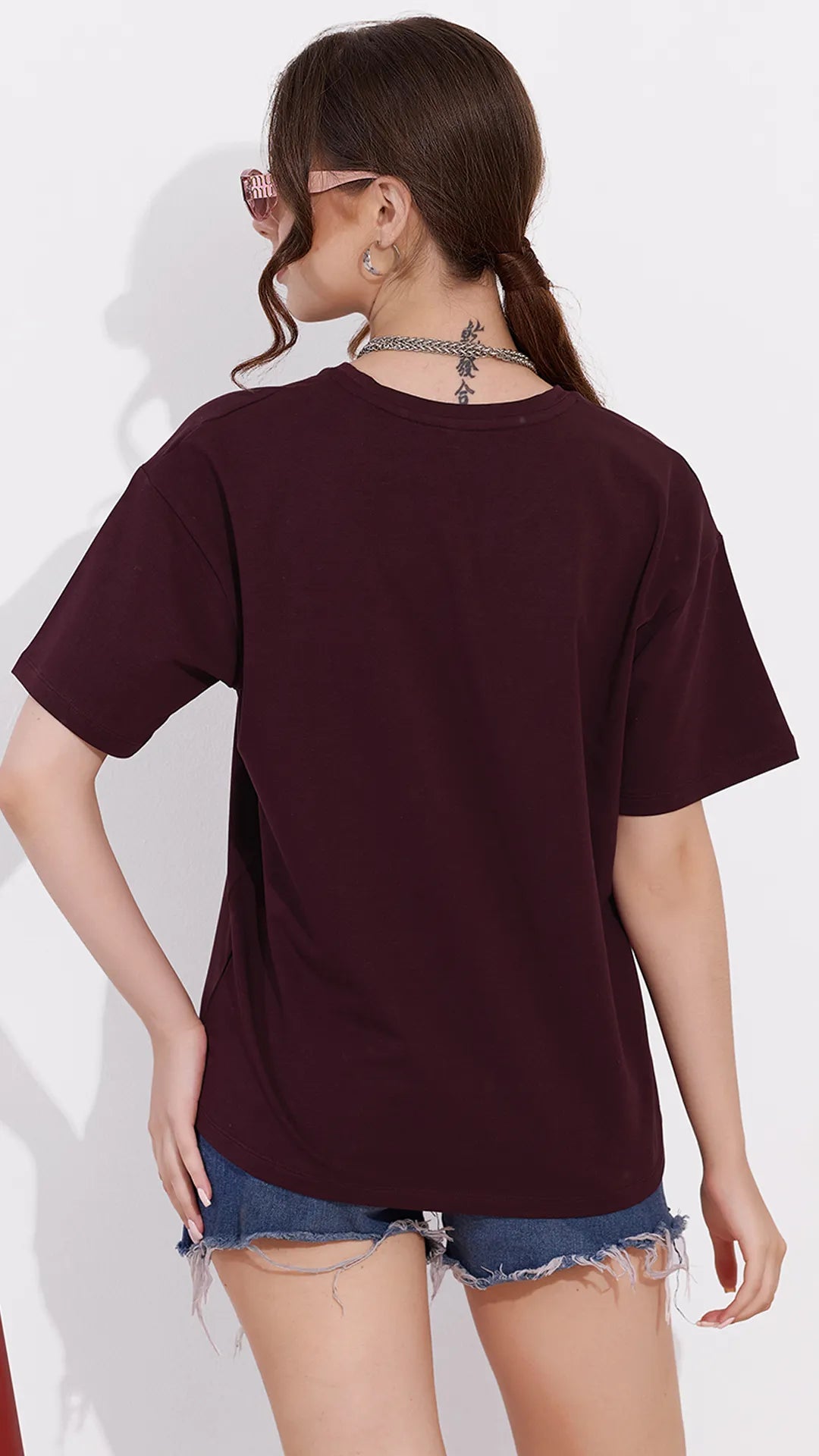 Wine Printed Half Sleeves Round Neck