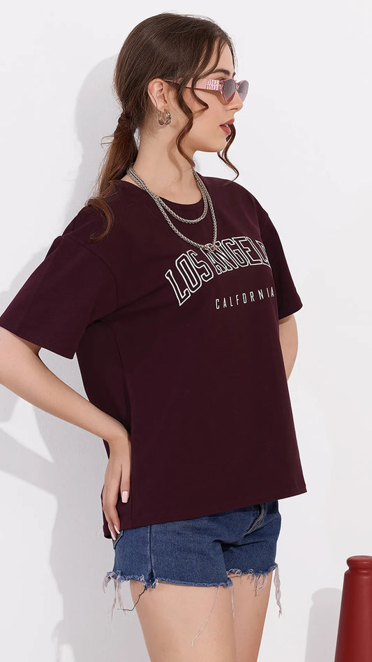 Wine Printed Half Sleeves Round Neck