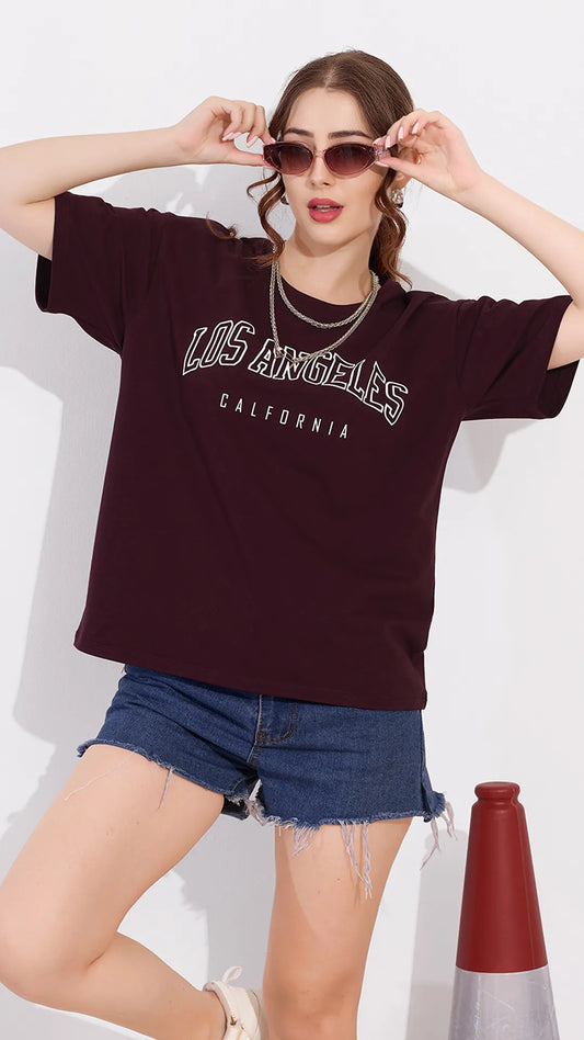 Wine Printed Half Sleeves Round Neck